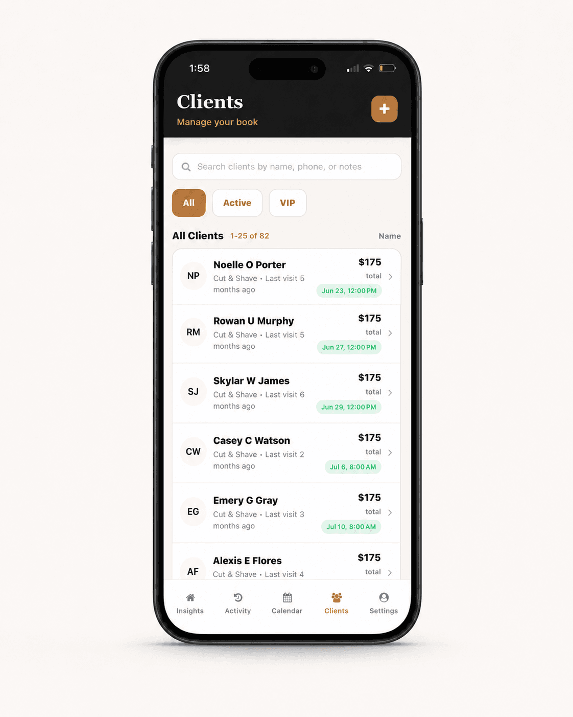 DripDesk clients screen showing client list, notes, and client history