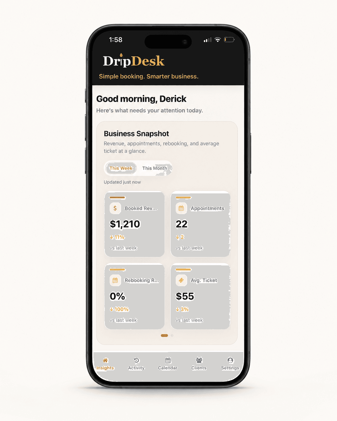DripDesk dashboard screen showing business snapshot and revenue insights