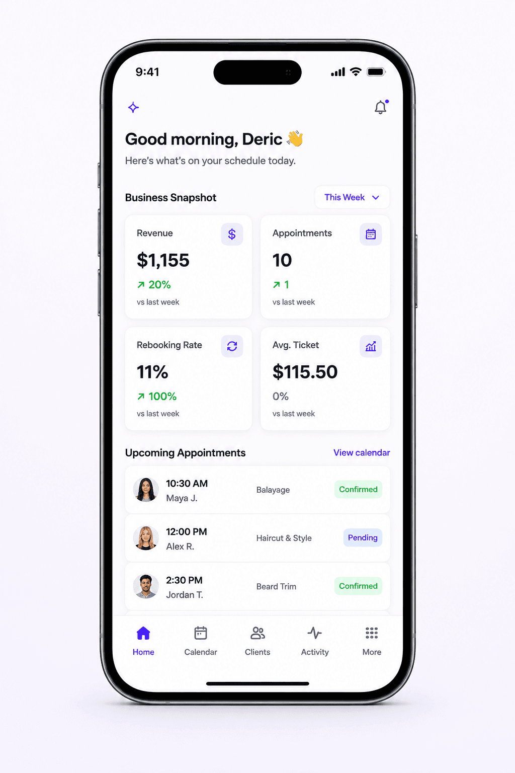 DripDesk mobile dashboard showing revenue, appointments, and upcoming bookings