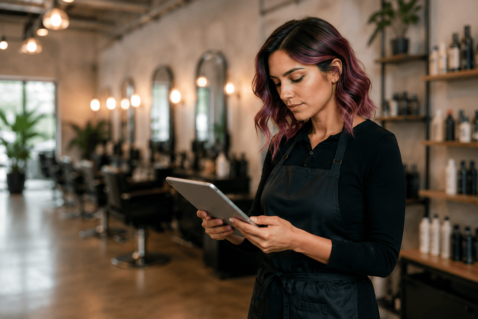 Stylist reviewing bookings on a tablet in her salon